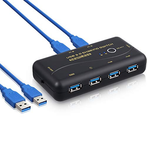 eSynic USB 3.0 Seamless Sharing Switch 4 USB Hub Devices 2 Computers Peripheral Switcher Box Support Mouse Keyboard Push Button Switching for PC Printer Scanner Projector with 2 X 1.5m USB 3.0 Cables