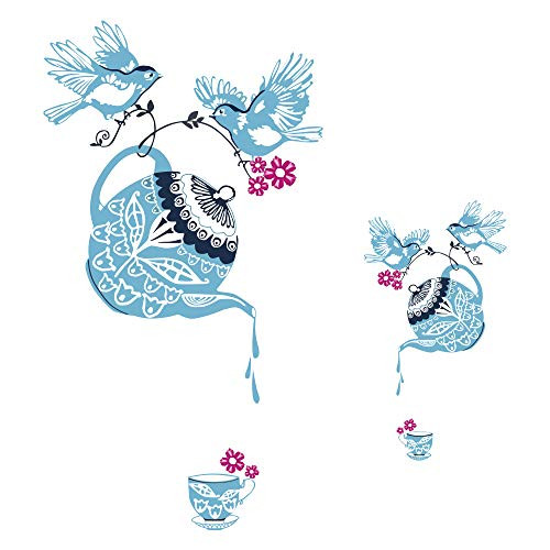 decalmile Light Blue Teapot Cups Decal Stickers Bird Wall Stickers Paper-Cut Style Removable Wall Decor for Kitchen Dining Room Living Room