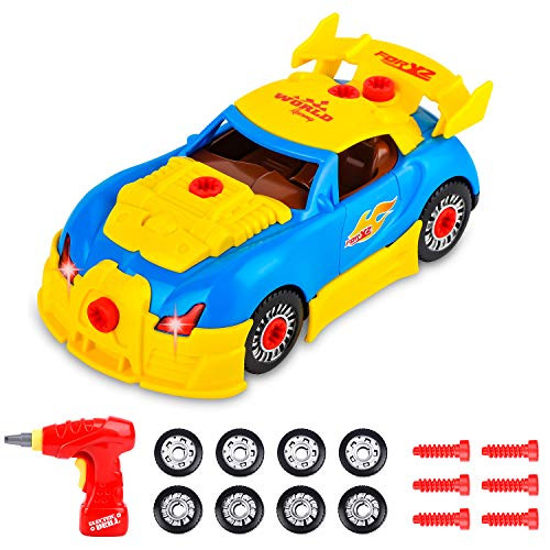 AOKESI Kids Building Racing Car Take Apart Car for Kids Build Your Own Toys Realistic Sounds & Lights and Power Drill Toy Construction Playset