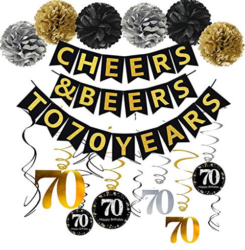 70th Birthday Party Decorations Kit - Gold Glittery Cheers & Beers to 70 Years Banner,Poms,12Pcs Sparkling 70 Hanging Swirls for 70th Anniversary Decorations 70 Years Old Party Favors Supplies