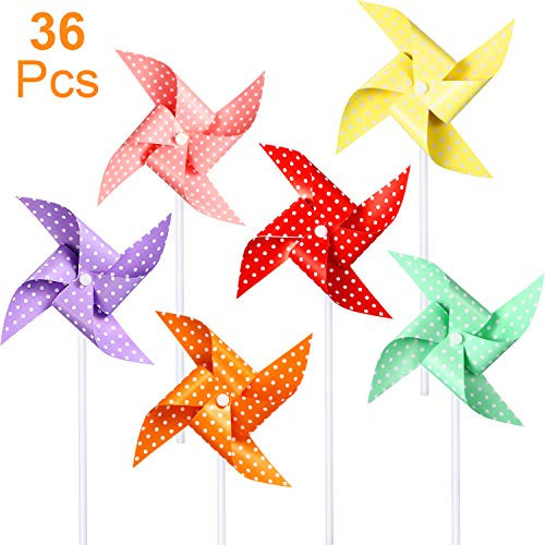 Hestya 36 Pieces Bright Polka Dots Pinwheels?Party Pinwheels DIY Lawn Windmill Set for Teenagers Toy Garden Party Lawn Decor