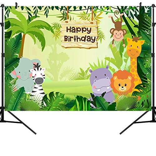 OUYIDA 5X3FT Jungle Safari Photography Backdrop Cartoon Animals Forest Kids Birthday Party Photo Booth Backdrop for Event Banner Vinyl Cake Table Decorations Background Photo Studio Props PCK13