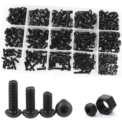 Button Head Hex Socket Cap Metric Screws Bolts Nuts Oxide Finish Alloy Steel Assortment Kit 431Pcs,Black 10.9 Class M3 M4 M5