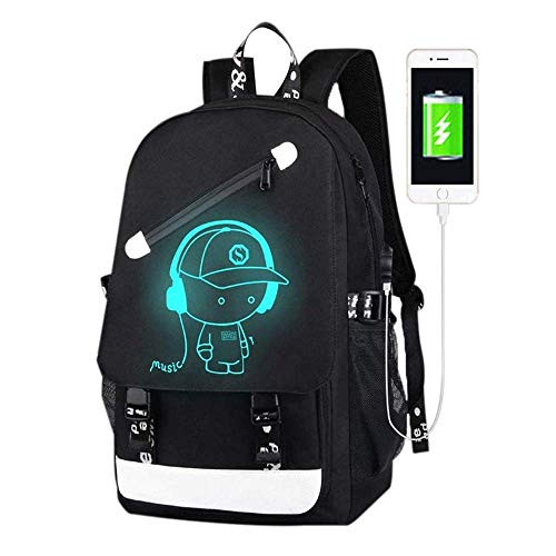 FEWOFJ School Backpack for Boys, Cartoon Luminous Bookbag 15.6inch Laptop Bag with USB Charging Port - Music Black