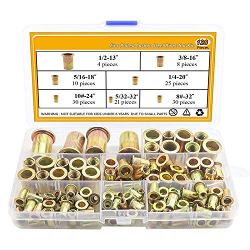 Voilamart Rivet Nuts Kit 128pcs Zinc Plated Carbon Steel Rivet Nuts Nutsert Assorted Set Flat Head Threaded Insert Assortment Kit