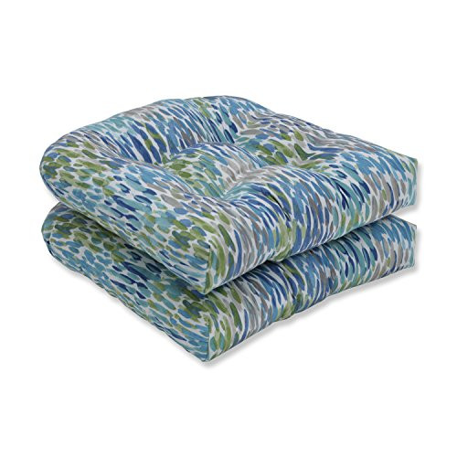 Pillow Perfect Outdoor | Indoor Make It Rain Cerulean Wicker Seat Cushion (Set of 2), Blue 19 X 19 X 5 Pillow Perfect Outdoor | Indoor Make It Rain Cerulean Wicker Seat Cushion (Set of 2), Blue 19 X 19 X 5