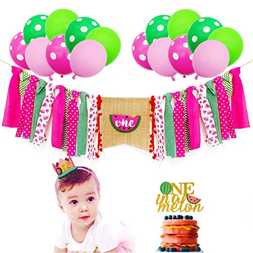 Watermelon Birthday Highchair Banner Crown Hat One in a Melon Cake Topper Latex Balloons Summer Fruit Theme First Birthday Party Decorations Photo Prop Backdrop