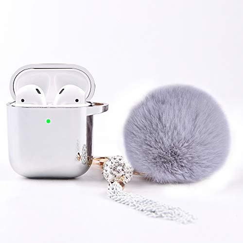 Airpods Case Cover-Airpods Accessories Plating TPU Protective Case Shockproof Cover with Tassel Fur Ball Keychain/Carabiner for Apple AirPods 1 & 2 Charging Case [Front LED Visible] (Silver)