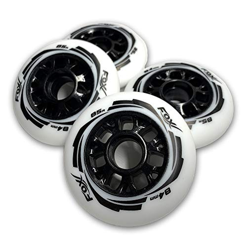 FoxPro Skate 85A Wear-Resistant 84mm SHR PU Speed Inline Roller Skates Replacement Wheels Without Bearings for Indoor Outdoor Wave Board Caster Board Street Surf(Pack of 4 Wheels)(White, 84mm)