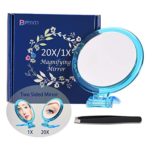 20X Magnifying Mirror, Two Sided Mirror, 20X/1X Magnification, Folding Makeup Mirror with Handheld/Stand,Use for Makeup Application, Tweezing, and Blackhead/Blemish Removal. (Blue)