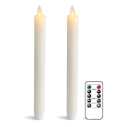 Wondise Remote Flameless Flickering Candles Battery Operated with Timer, Moving Wick Unscented Wax Ivory LED Taper Candles Amber Yellow Christmas Window Decoration(Set of 2, 0.78 x 9.5 Inches)