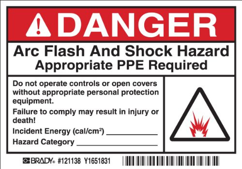 Brady 121138 Vinyl Film 3.5" x 5" Arc Flash & Shock Labels (Danger,  Pictogram) , Black/Red/White On White,  3.5" Height x 5",  Legend "Danger Arc Flash And Shock Hazard Appropriate Ppe Required Do Not OLabels perate Controls Or Open Covers Without Appropriate Labels personal Protection Equipment. Failure To Comply May Result In Injury Or Death! (Arc Flash Picto) Refer To NFPA 70E For Minimum Ppe Requi" (5 Labels per Package)