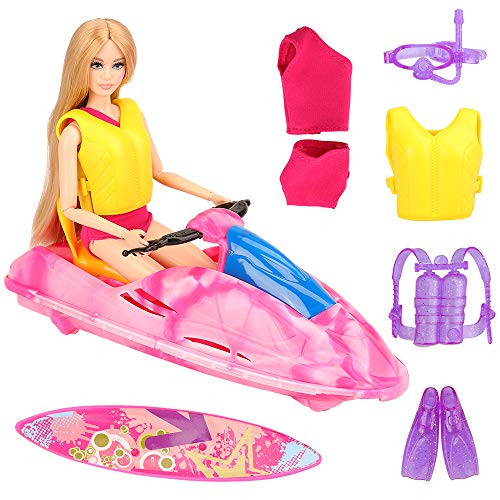 BARWA Doll Clothes Accessories Water Boat Motorboat Ocean View Boat Playset, Underwater Adventurer 4 Diving Swimming Sets, 1 Swimsuits, 1 Skateboard for 11.5 inch Girl Doll