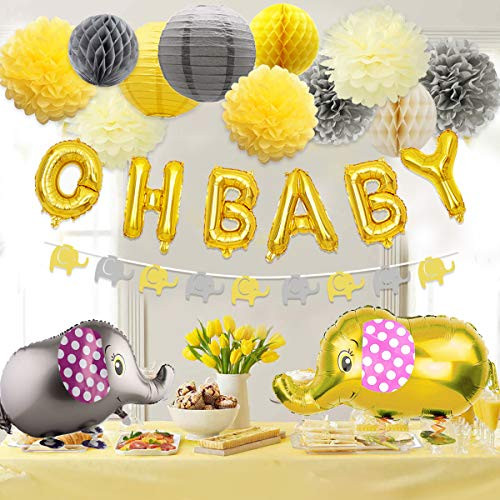Baby Shower Decorations Neutral for Boy or Girl, Baby Shower Yellow and Gray Elephant Theme Paper Pom Poms and Lanterns, Elephant Walking Balloon and Garland Baby Shower Decorations Neutral for Boy or Girl, Baby Shower Yellow and Gray Elephant Theme Paper Pom Poms and Lanterns, Elephant Walking Balloon and Garland