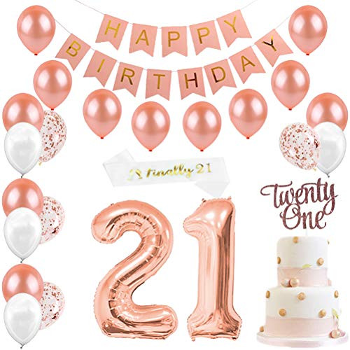 21st Birthday Decorations - Rose Gold 21 Balloon Number, Cake Topper and Sash, Confetti Balloons, Happy Birthday Banner for Girls 21st Birthday Party Supplies 21st Birthday Decorations - Rose Gold 21 Balloon Number, Cake Topper and Sash, Confetti Balloons, Happy Birthday Banner for Girls 21st Birthday Party Supplies