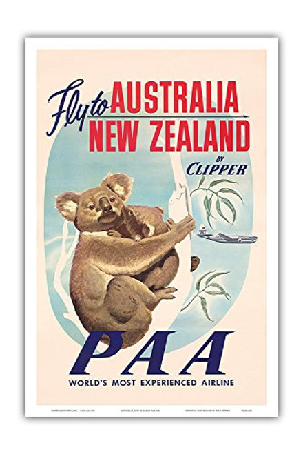 Australia, New Zealand - Pan American Airways (PAA) - Fly to Australia, New Zealand by Clipper - Koala Bears - Vintage Airline Travel Poster c.1950s - Master Art Print - 12in x 18in Australia, New Zealand - Pan American Airways (PAA) - Fly to Australia, New Zealand by Clipper - Koala Bears - Vintage Airline Travel Poster c.1950s - Master Art Print - 12in x 18in