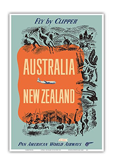Australia - New Zealand - Fly by Clipper - Pan American World Airways - Vintage Airline Travel Poster c.1951 - Master Art Print - 13in x 19in Australia - New Zealand - Fly by Clipper - Pan American World Airways - Vintage Airline Travel Poster c.1951 - Master Art Print - 13in x 19in