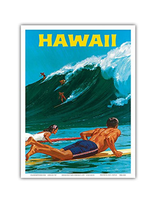 Hawaii - Big Wave Surfing - Vintage Hawaiian Travel Poster by Chas Allen c.1950s - Hawaiian Master Art Print - 9in x 12in