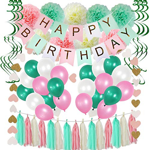 91 Piece Birthday Party Decorations,Pink And Mint Green Birthday Party Supplies For Women,Happy Birthday Banners,Pom Poms Flowers,Tissue Paper Tassels,Hanging Swirls,Latex Balloons,For Girls 1st Birthday Party Supplies And Baby Birthday 91 Piece Birthday Party Decorations,Pink And Mint Green Birthday Party Supplies For Women,Happy Birthday Banners,Pom Poms Flowers,Tissue Paper Tassels,Hanging Swirls,Latex Balloons,For Girls 1st Birthday Party Supplies And Baby Birthday