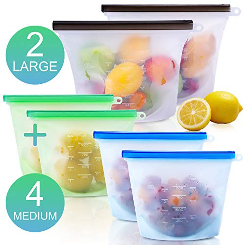 Biillflor Reusable Silicone Food Storage Bags | Leakproof Food Preservation Bags | Food Grade | Stand Up Airtight Seal Freezer Bags For Sandwich,Food Snacks,Liquid,Travel,2xLarge 50oz+4xSmall 30oz