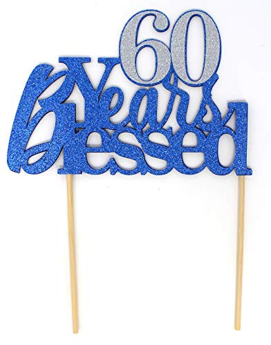 All About Details 60 Years Blessed Cake Topper,1pc, 60th birthday, 60th anniversary, glitter topper, party decoration, photo props (Blue & Silver)