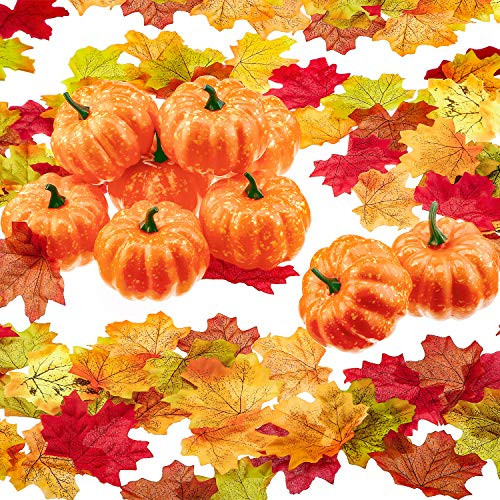 Gejoy 10 Packs Mini Artificial Fake Pumpkins with 500 Pieces 10 Colors Maple Leaves Lifelike Fall Colored Leaves Realistic Fall Harvest for Halloween Thanksgiving Autumn Decoration