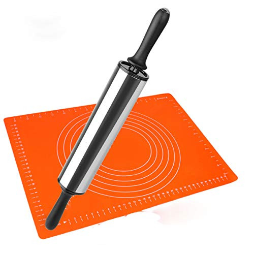 Rolling Pin, Stainless Steel Adjustable Dough Roller with 3 Sets Removable Thickness Rings & Silicone Pastry Mat for Baking Dough, Pizza, Pie, Pastries, Pasta and Cookies