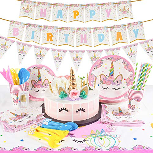 Mpartido Unicorn Party Supplies Set Serves 16 Guests Unicorn Birthday Party Supplies Includes Happy Birthday Banner, Table Cloth, Plates, Set of Cutlery, Napkins, Cups, Straws, Headbands, Candles,Unic