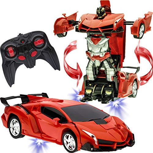Transformer Car to Robot Toy for Kids Remote Controller Transformation Model One button Deformation to Robot for Boys Children, RC Transform 360° Rotating with LED Speed Drifting 1:18 Scale (Red)