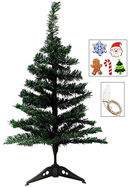 Christmas Tree with Decorations - 2 ft Tabletop Artificial Charlie Pine Tree Unlit with Warm White, Starry String Fairy Lights and Christmas Foam Stickers