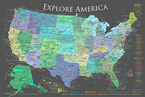 GeoJango National Parks Map Poster with 600+ NPS Site and USA Travel Destinations - Slate Edition (24W x 18H inches)
