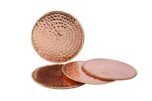 GoCraft Handmade Hammered Copper Coasters with Padded Cork Protection for your Drinks, Beverages & Wine/ Bar Glasses (Set of 4)