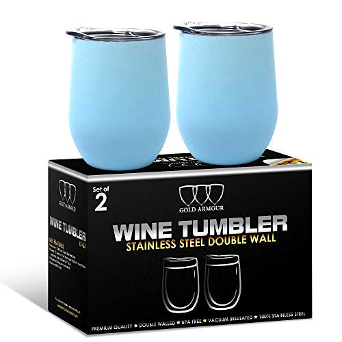 2Pack Stainless Steel Stemless Wine Glass Tumbler with Lid, 12 oz | Double Wall Vacuum Insulated Travel Tumbler Cup - Sweat Free, Unbreakable, Bpa Free (Light Blue)