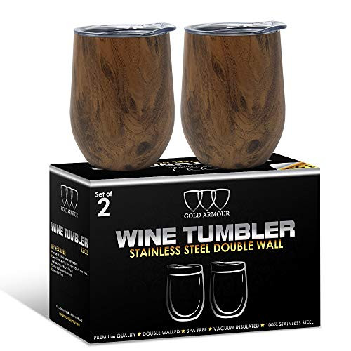 2Pack Stainless Steel Stemless Wine Glass Tumbler with Lid, 12 oz | Double Wall Vacuum Insulated Travel Tumbler Cup - Sweat Free, Unbreakable, Bpa Free (Pattern: Wood Grain)