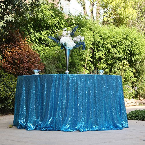 PartyDelight Turquoise Sequin Tablecloth, Round, 132"