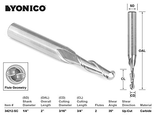 Yonico 34212-SC CNC Router Bit with Ball Nose Solid Carbide 3/16" x 3/4" x 1/4" x 2" 1/4" Shank Yonico 34212-SC CNC Router Bit with Ball Nose Solid Carbide 3/16" x 3/4" x 1/4" x 2" 1/4" Shank