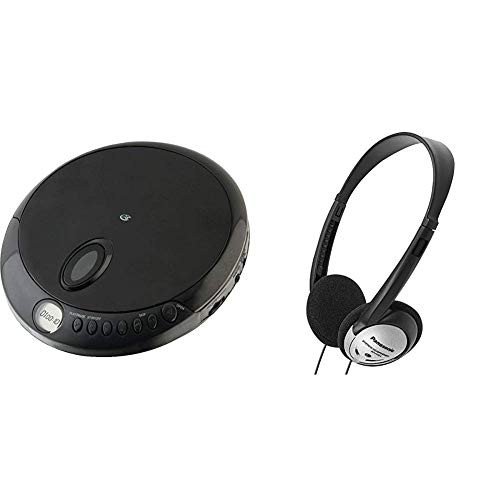 GPX PC301B Portable CD Player with Stereo Earbuds and Anti-Skip Protection (PC301B) & Panasonic Headphones On-Ear Lightweight with XBS RP-HT21 (Black & Silver)