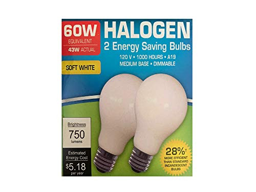 Halogen 2 Energy Saving Bulbs - Soft White (120V, A19, 750 Lumens, 60W=43W, Medium Base, Dimmable)