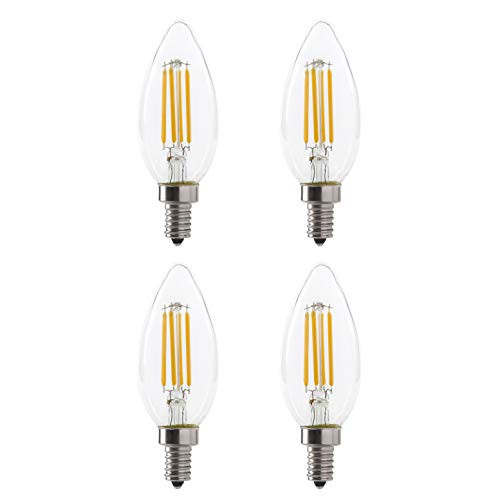 LED B11 5W Torpedo Filament Chandelier Light Bulb, 60W Equivalent, 500 Lumens, 2700K Soft White, Dimmable, 120V, E12 Candelabra Base, Energy Star, Clear (4 Pack)