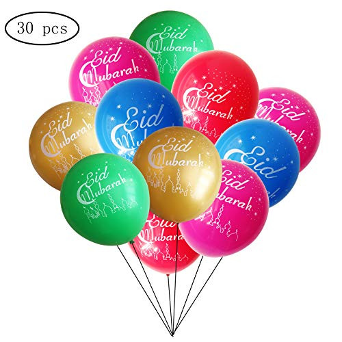 30PCS Eid Mubarak Latex Balloons 12 Inch Double-sided Pattern for Eid Al Fitr & Eid Al Adha Festival Decoration Supplies
