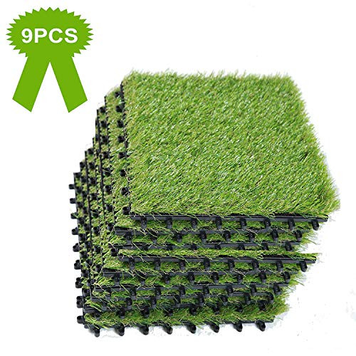 H&ZT Artificial Grass Turf Tile Interlocking Fake Grass Deck Tile Synthetic Grass Tile Mat for Patio Balcony Garden Flooring Decor, 1x1 ft (9PCS)