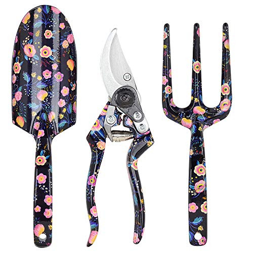 LOYLOV Garden Tool Set, 3 Piece Floral Aluminum Heavy Duty Gardening Kit with Ergonomic Design Handles Hanging Hole - Pruning Shears, Trowel, and Hand Fork, Gift for Mother Women(Black)