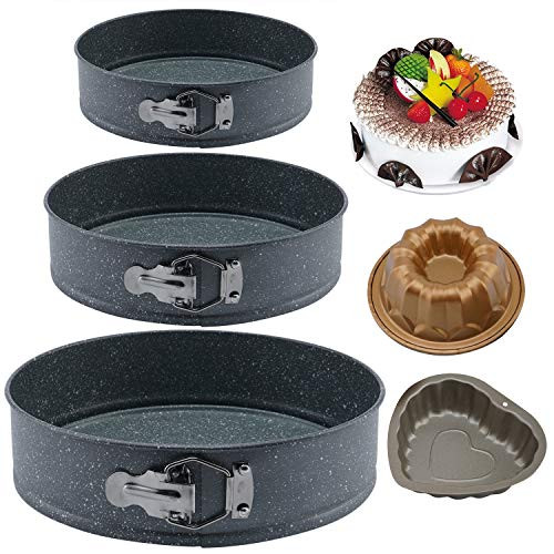 3pcs Premium Springform Pan Set, Nonstick Cake Pan Leakproof Cheesecake Bakeware Pan 11 10.2 9.5 Round Cake Mold, Carbon Steel Removable Bottom, with Mini Bundt Pan + Heart Cake Pan