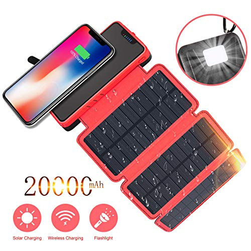 Solar Charger, Soluser 20000mAh Wireless Solar Power Bank Waterproof External Battery Pack with 3 Solar Panels, Dual 2.1A Port, Emergency Flashlight, Portable Phone Charger for Smartphones