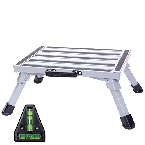 Homeon Wheels Safety RV Steps 16.5" x 12.2" RV Step Stool Aluminum Folding Platform Step with Non-Slip Rubber Feet, Reflective Stripe, Grip Handle, RV T Level, More Stable Supports Up to 1000 lbs