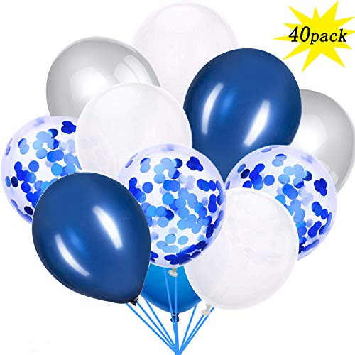 Silver and Blue Confetti Balloons 40 pcs, 12 inch White Pearl and Silver Metallic Party Balloons for Graduation Wedding Birthday Decorations