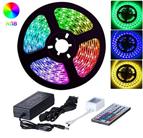 HengBO LED Strip Lights, 16.4ft 5m Waterproof RGB Color Changing Rope Lighting, SMD 5050 Flexible Tape Lights with 44 Key IR Remote Controller Power Supply for Bedroom, Kitchen