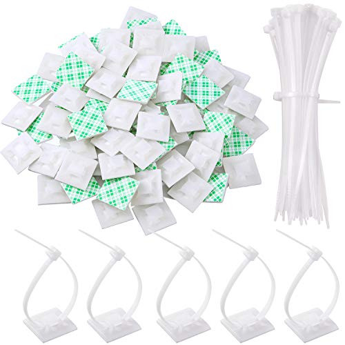 100 Pack Zip Tie Adhesive Mounts Self Adhesive Cable Tie Base Holders with Multi-Purpose Cable Tie (Length 150 mm, Width 2 cm, White)