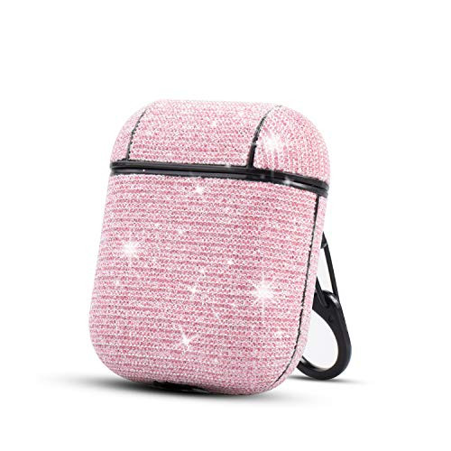 HIDAHE Airpod Case Cute, Skin for Airpods, Girly Airpod Case, Bling Glitter Luxury Leather Covers with Keychain Cute Girls Kids Protective Case for Apple Airpods 1 & 2 Charging Case, Pink
