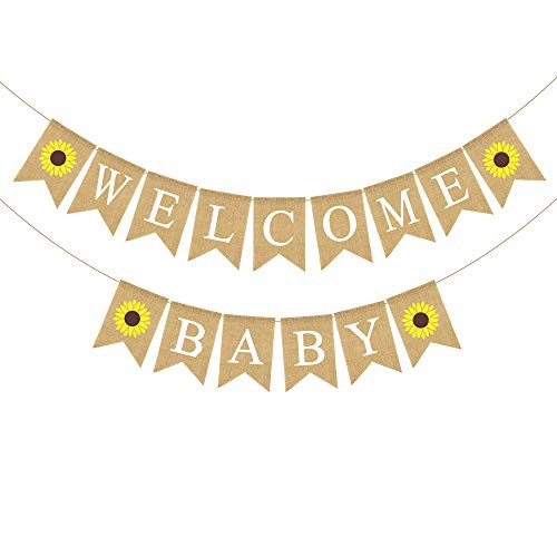 Rainlemon Jute Burlap Welcome Baby Banner with Sunflower Baby Shower Garland Decoration